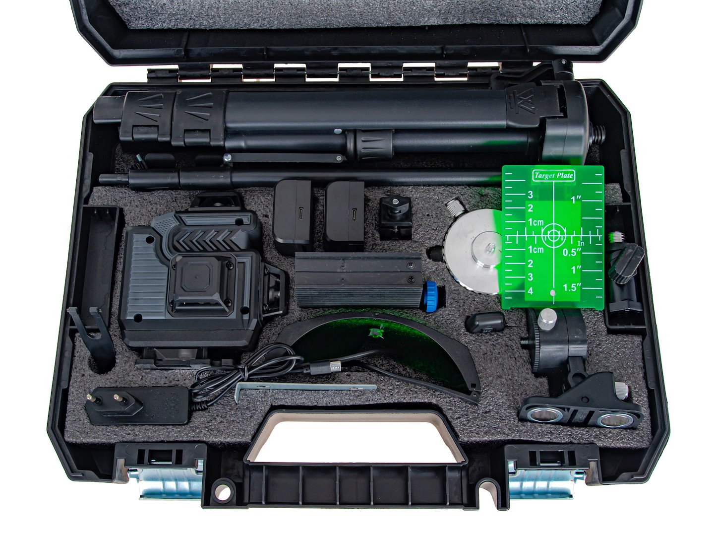 Laser cu linii incrucisate 360° 4D, fascicul verde, 16 linii, cu stativ, 2 acumulatori si set complet de accesorii, Geko G03321