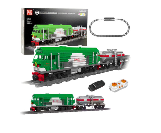 Set blocuri de constructie tren cu cisterna, telecomanda, verde, 51,3x10,1x7,2cm, 1090 piese, Lean 23652