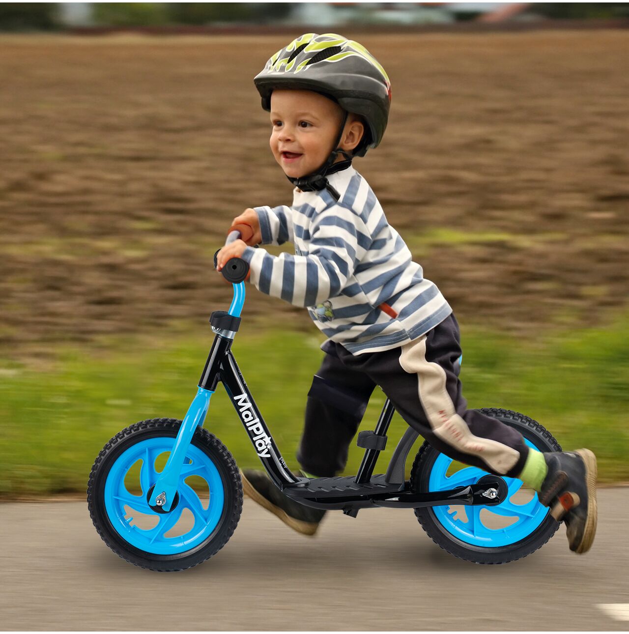 Bicicleta pentru copii fara pedale, roti EVA, 12", negru / albastru, MalPlay 111340