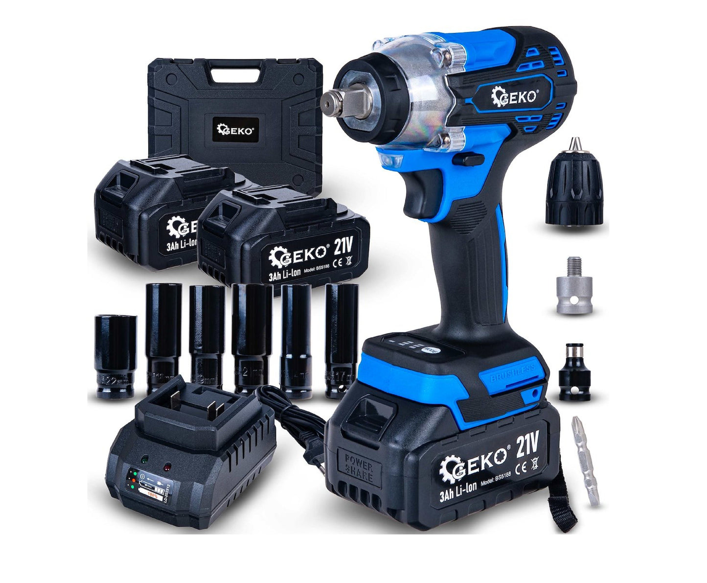 Cheie electrica de impact cu acumulator, 350 Nm, 2x3.0Ah 21V,  Set XXL, Geko G80669