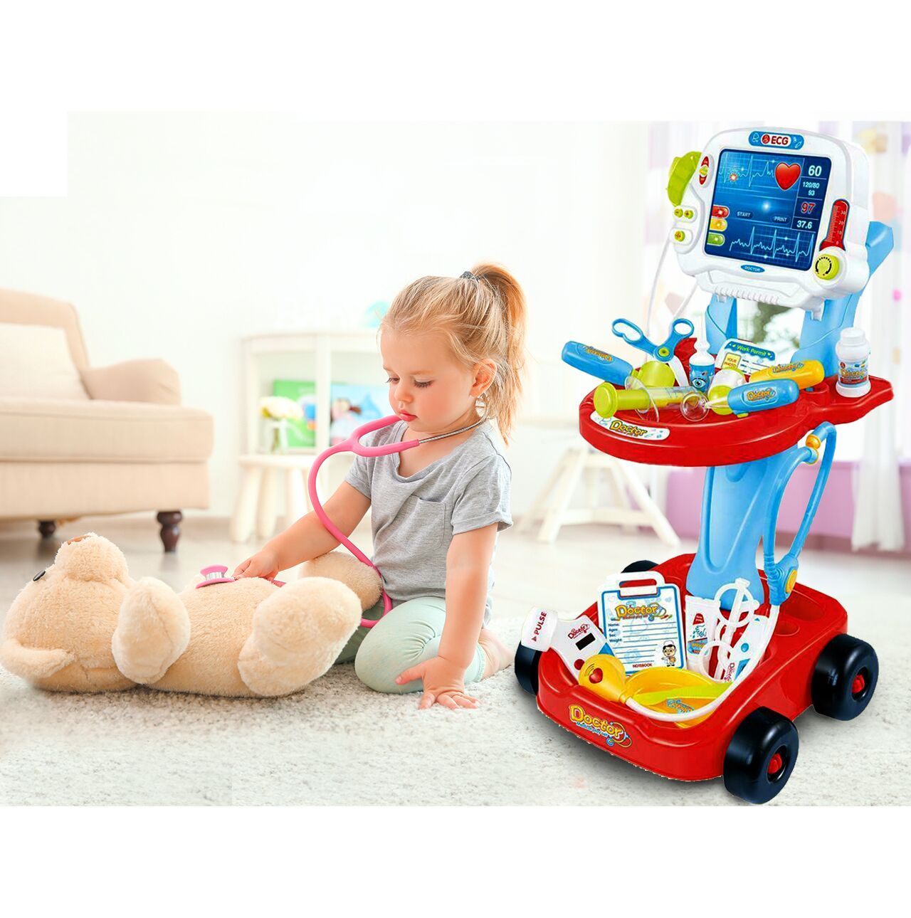 Set medical Little Doctor cu carucior mobil, 17 piese, albastru, MalPlay 104521