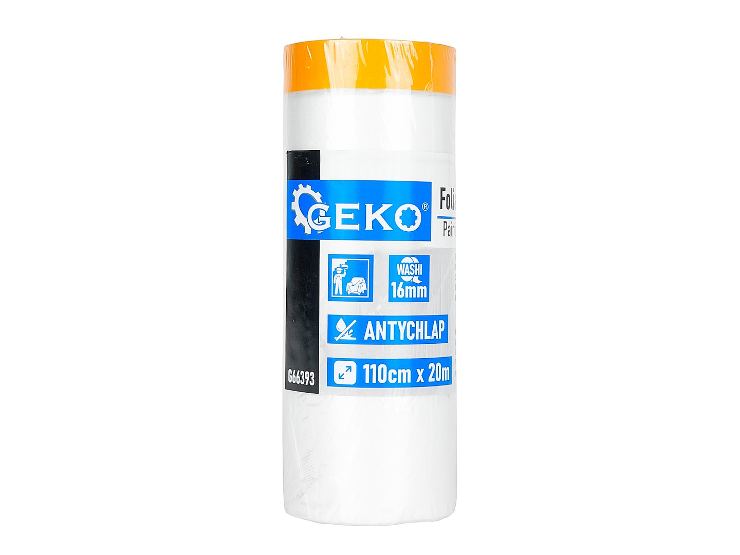 Folie de protectie pentru vopsit cu banda, 110 cm x 20 m / 16 mm, Geko G66393