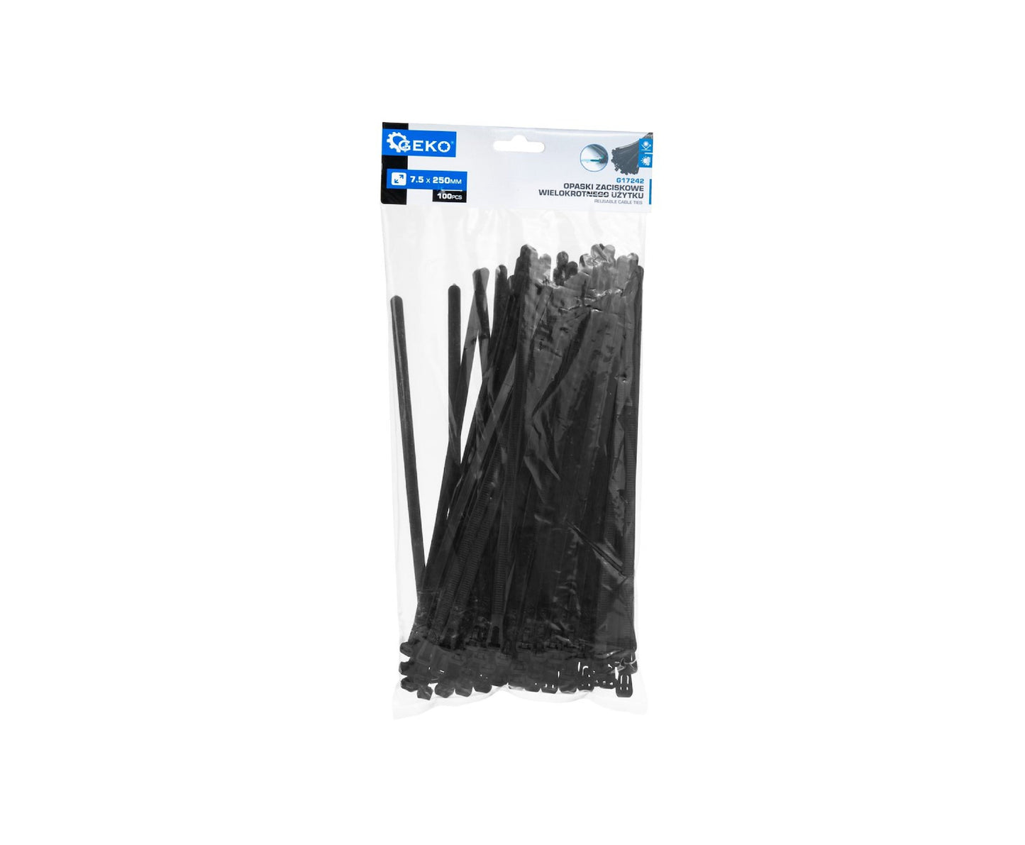 Set legaturi nylon reutilizabile, negru, 7,5x250mm, 100 bucati, Geko G17242