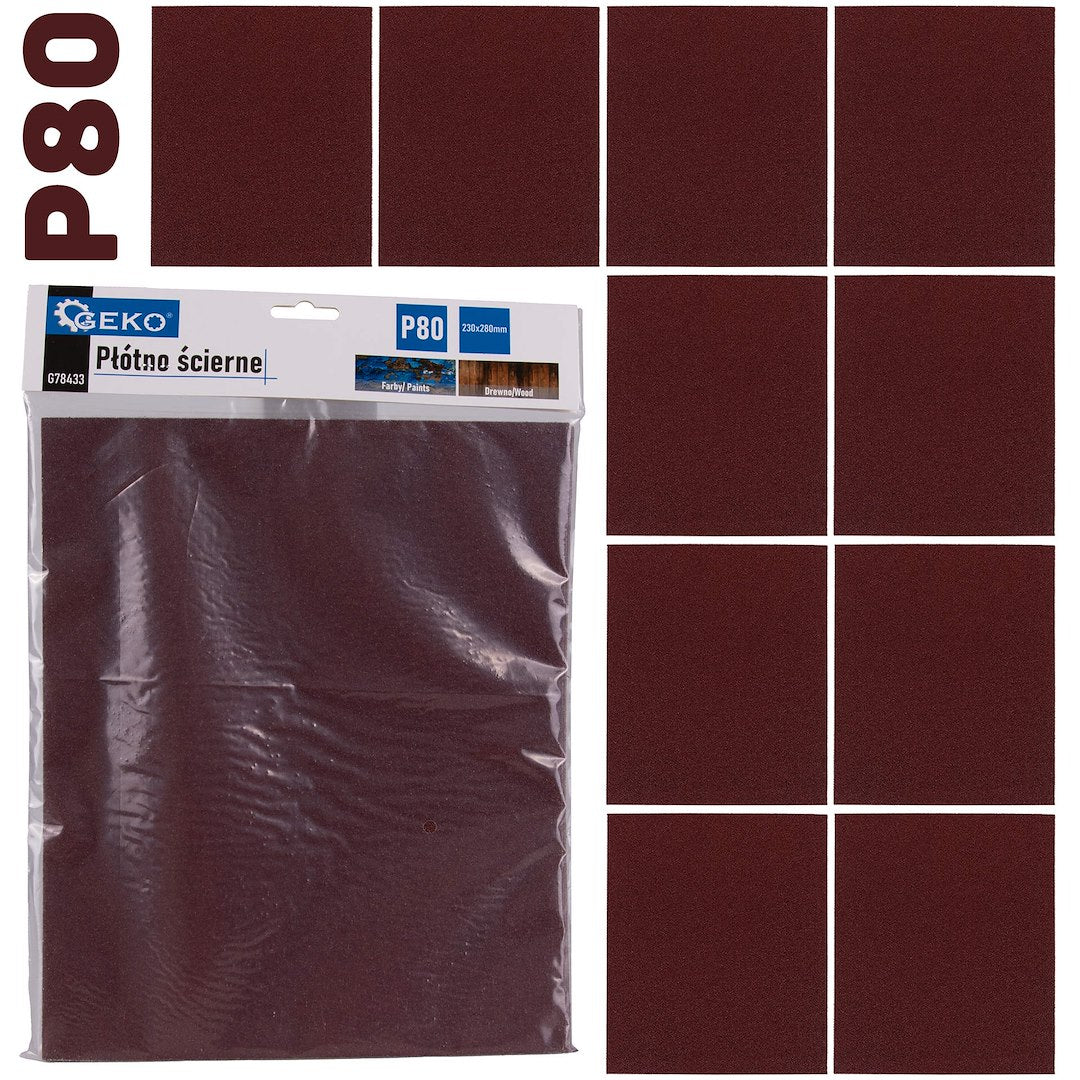 Set foaie abraziva pentru slefuit, 230 x 280 mm, P80, 10 bucati, Geko G78433