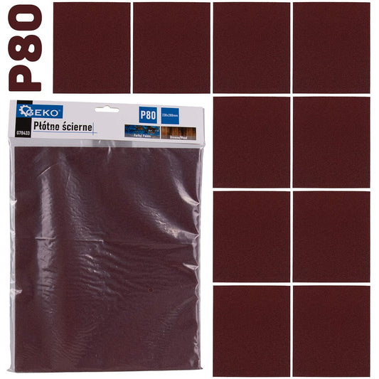 Set foaie abraziva pentru slefuit, 230 x 280 mm, P80, 10 bucati, Geko G78433