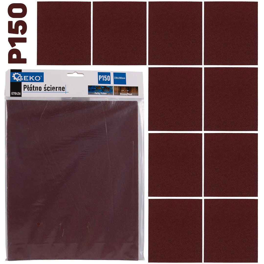 Set foaie abraziva pentru slefuit, 230 x 280 mm, P150, 10 bucati, Geko G78436