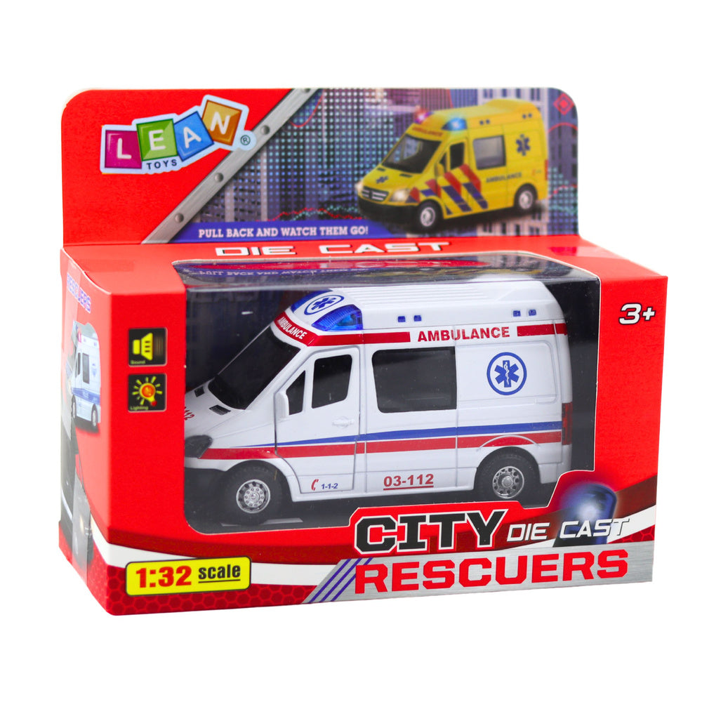 Ambulanta metalica 1:32 cu sistem pull back, efecte de lumina si sunet, Lean 23178
