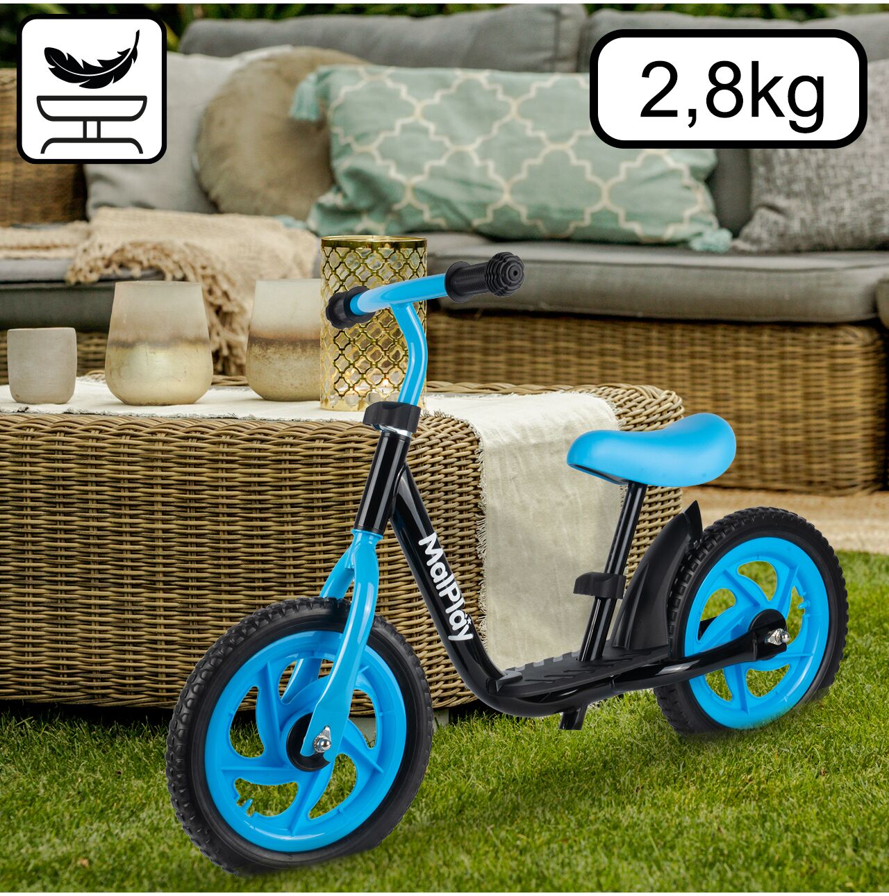 Bicicleta pentru copii fara pedale, roti EVA, 12", negru / albastru, MalPlay 111340