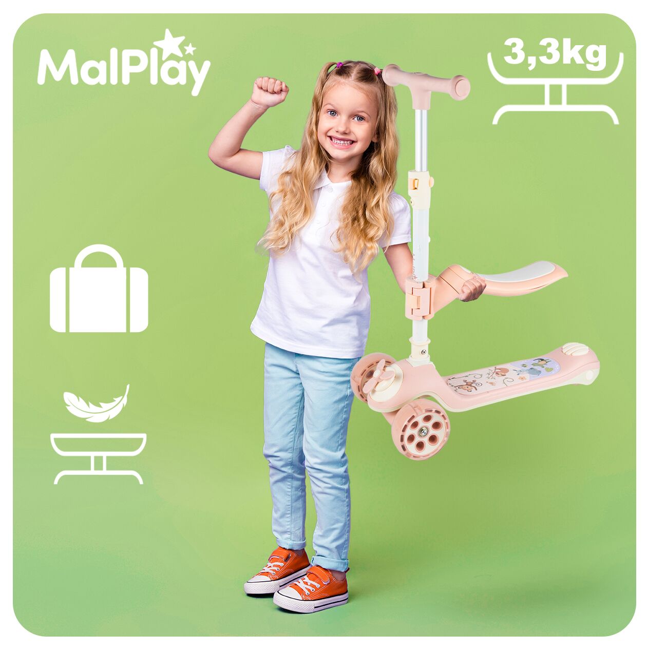 Trotineta cu 3 roti 3 in 1, roz, MalPlay 112334