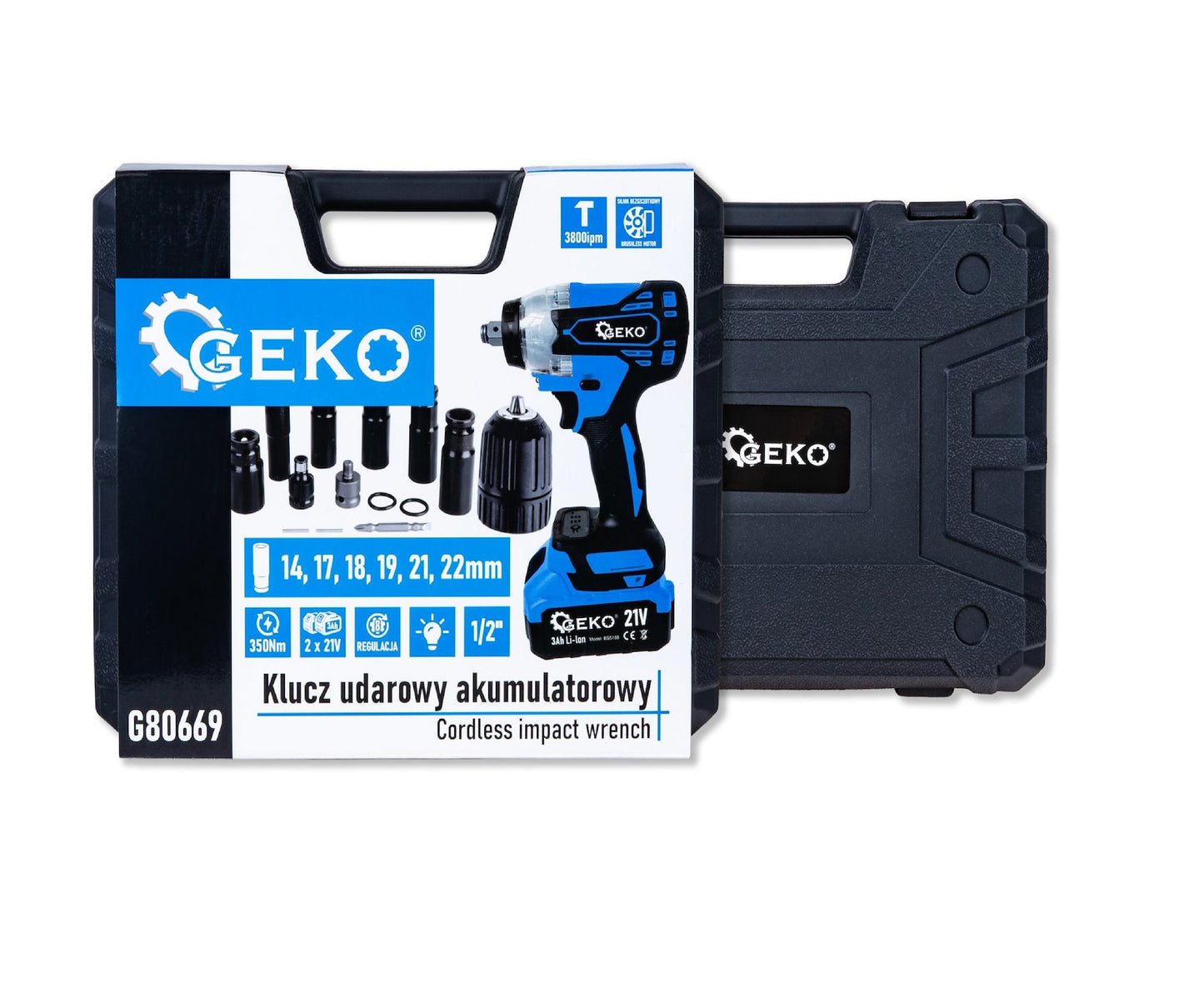 Cheie electrica de impact cu acumulator, 350 Nm, 2x3.0Ah 21V,  Set XXL, Geko G80669