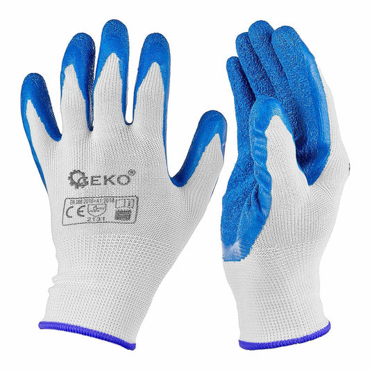 Manusi de protectie din poliester si acoperite cu latex, marimea 11, alb / albastru, Geko G75050