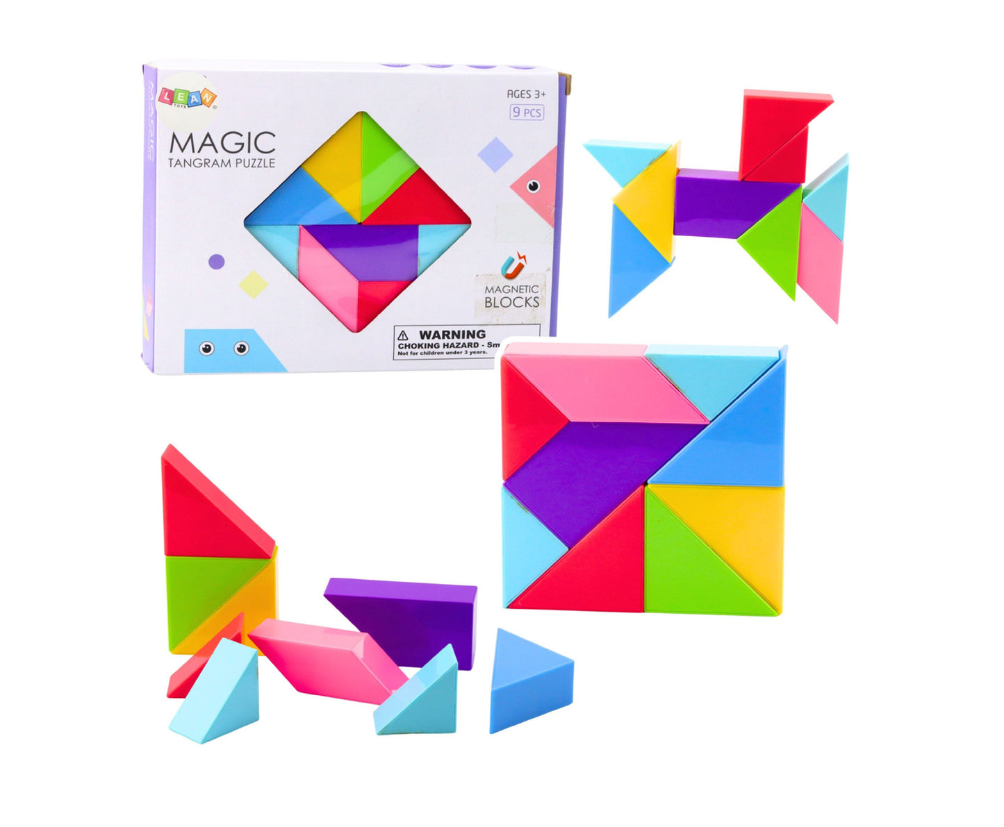 Set blocuri magnetice Tangram, 9 piese, multicolor, 22x17,5x4,5cm, Lean 23552