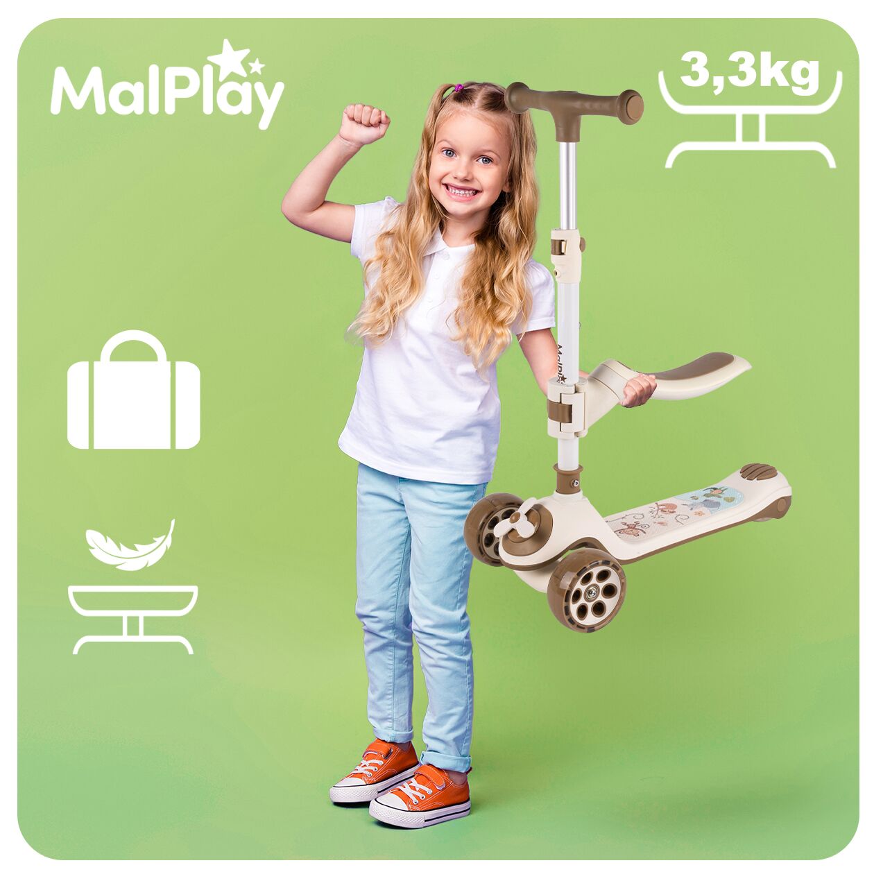 Trotineta pliabila cu 3 roti 3 in 1, bej, MalPlay 112330