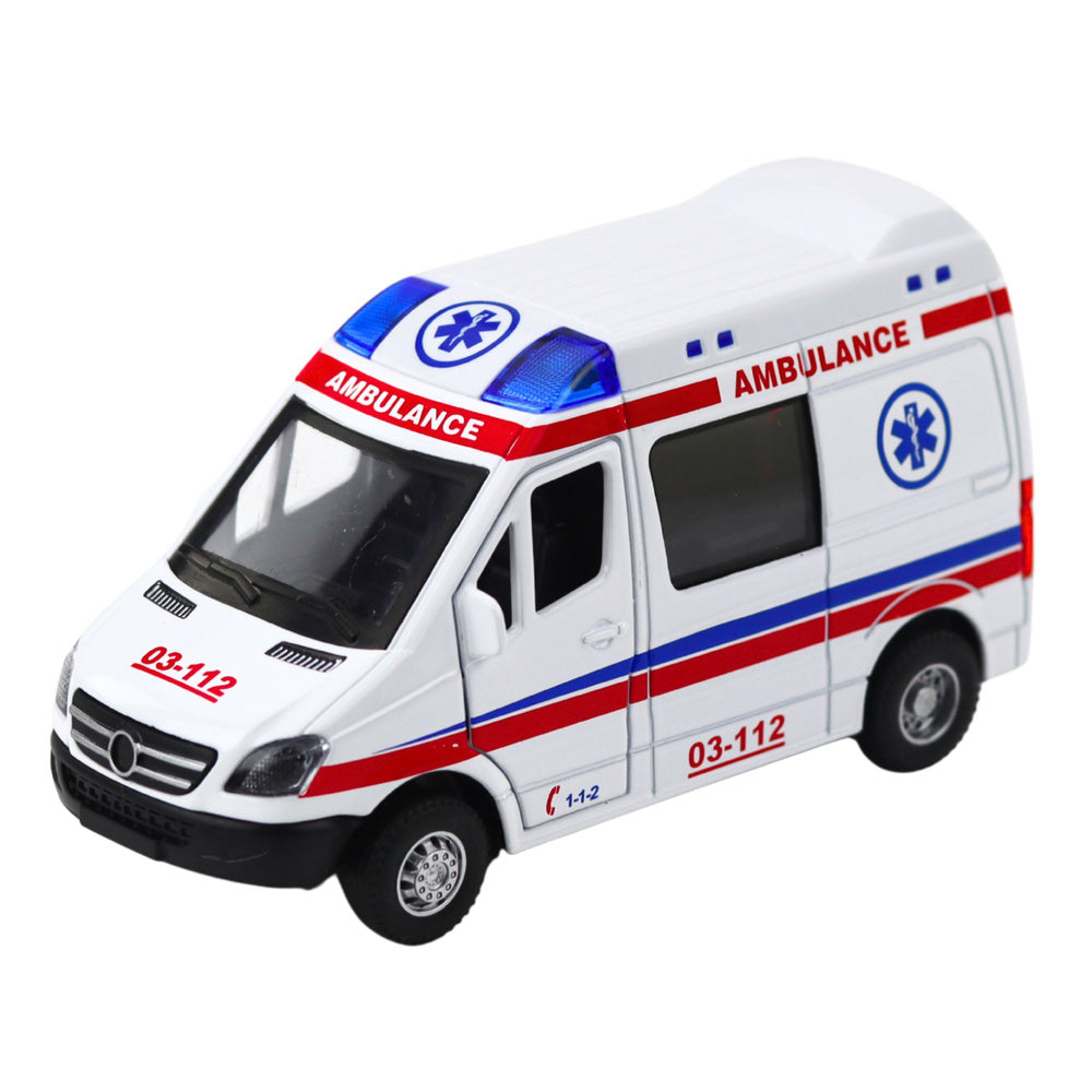 Ambulanta metalica 1:32 cu sistem pull back, efecte de lumina si sunet, Lean 23178