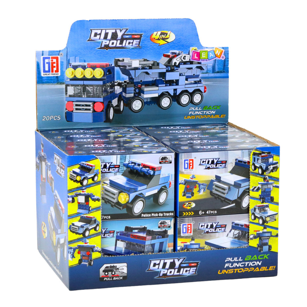 Set de constructie masina de politie, 47-49 piese, mecanism pull-back, 13 x 8.5 x 4 cm, Lean 24569