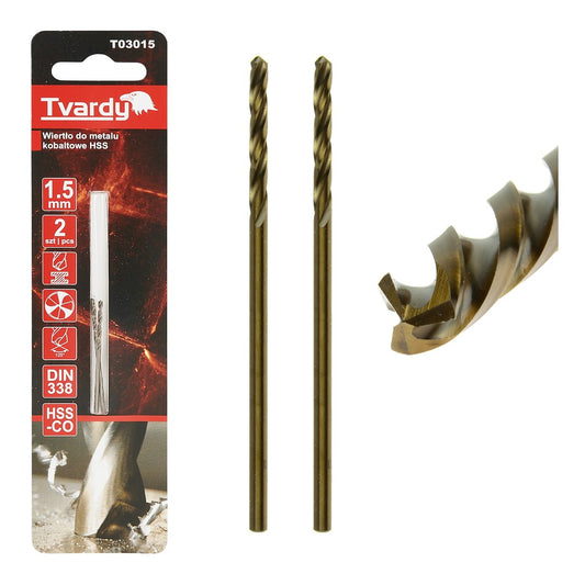 Burghiu HSS pentru metal, M35, 1.5 mm, 2 bucati, Tvardy T03015