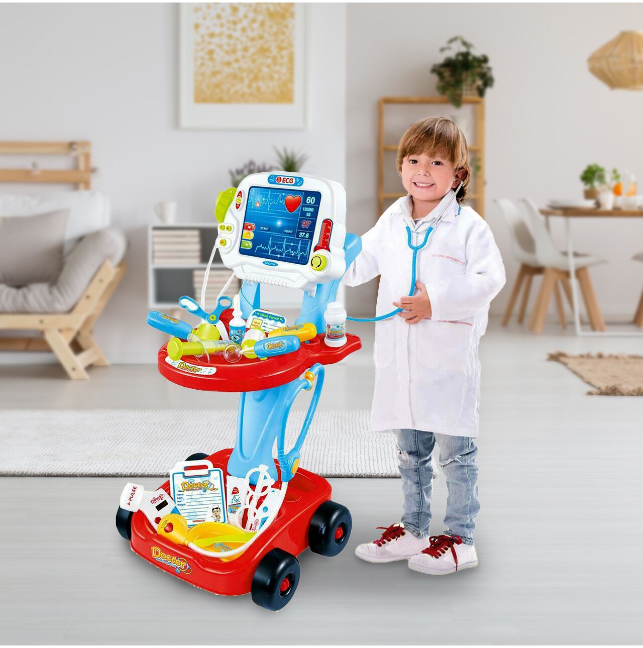 Set medical Little Doctor cu carucior mobil, 17 piese, albastru, MalPlay 104521