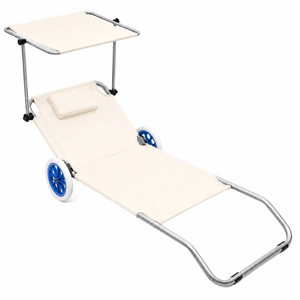 Sezlong pliabil pentru gradina cu roti si copertina, 150 x 60 cm, alb, Lean 30547