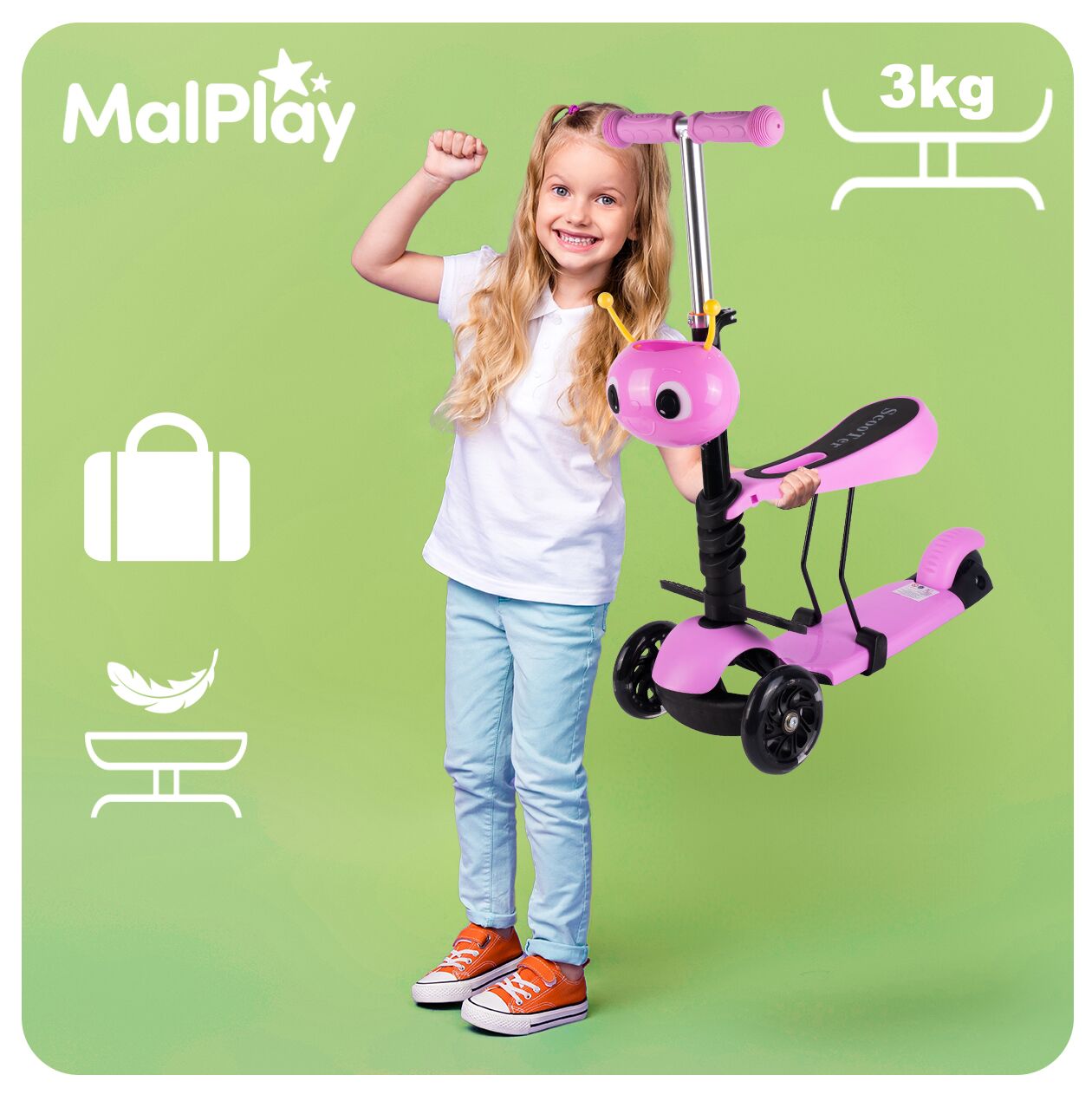Trotineta cu 3 roti cu scaun si cos Ladybug, roz, MalPlay 111337