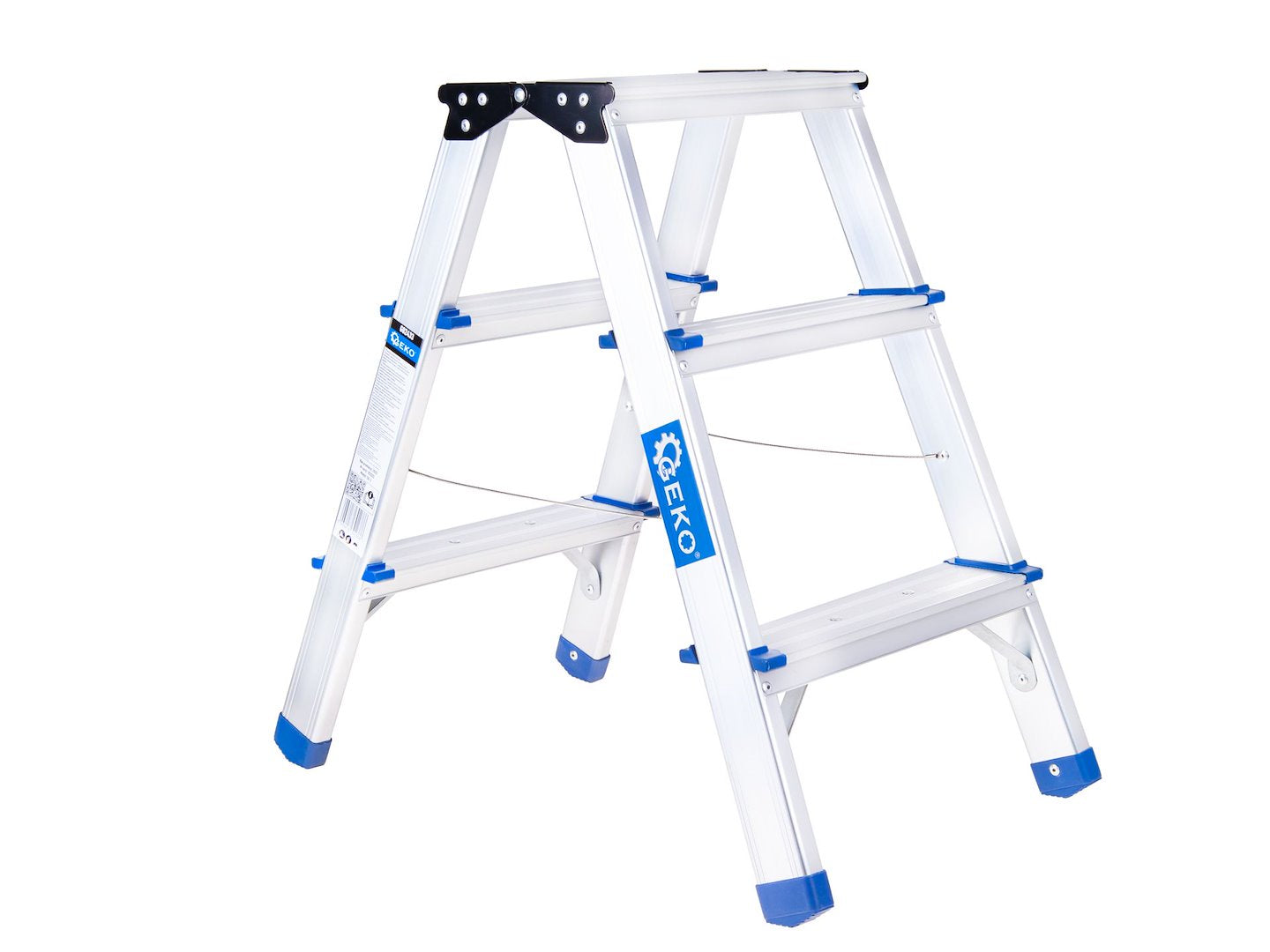 Scara dubla din aluminiu cu 3 trepte, inaltime de lucru 2.19 m, capacitate maxima 150 kg, Geko G02433