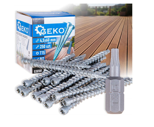 Set suruburi pentru terasa, 4.5 mm x 60 mm, bit T15, 250 bucati, Geko G30181