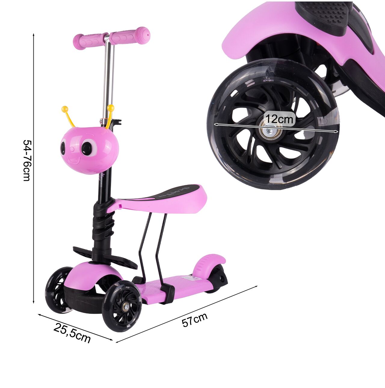 Trotineta cu 3 roti cu scaun si cos Ladybug, roz, MalPlay 111337