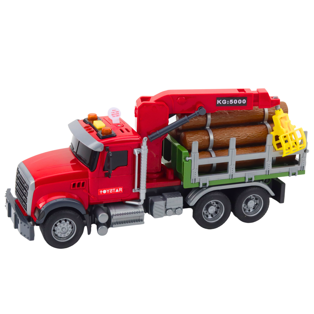 Camion cu macara pentru lemne cu 3 busteni, 31 x 13.5 x 10.5 cm, efecte sonore si luminoase, rosu, Lean 21447