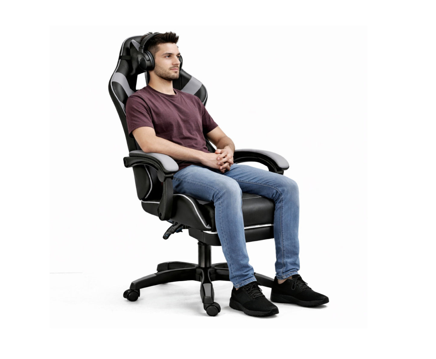 Scaun pentru gaming rotativ cu suport pentru picioare, negru / gri, Lean 30556
