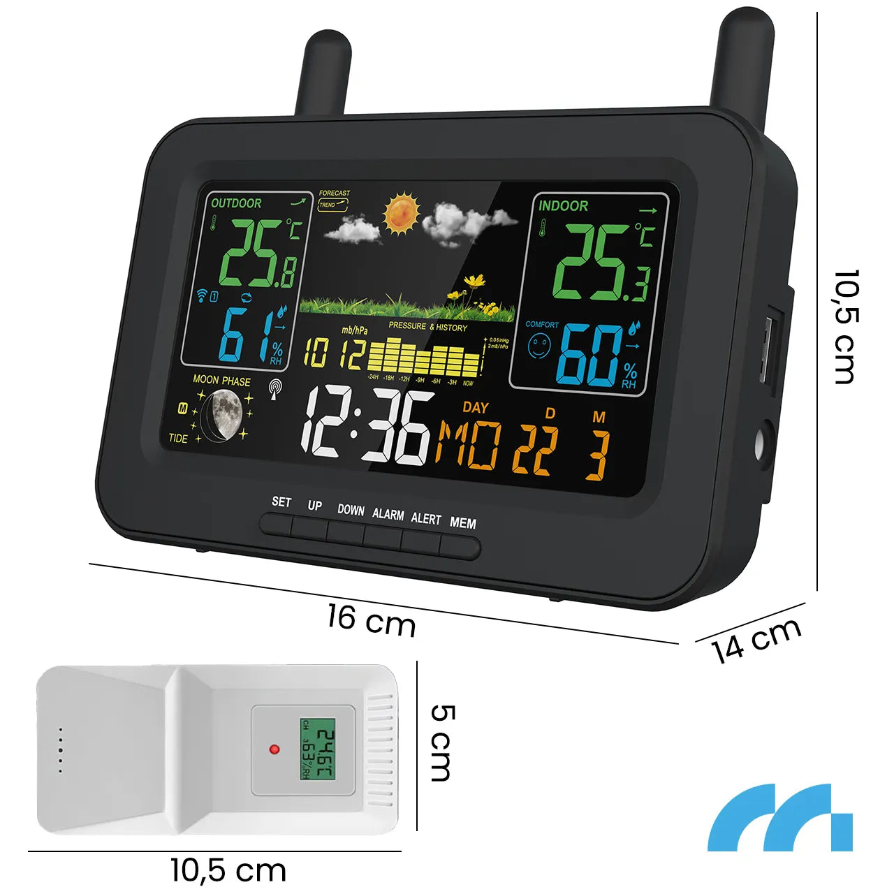 Statie meteo wireless, termometru, barometru, alarma, masurare temperatura, umiditate, negru, MalTec 111979