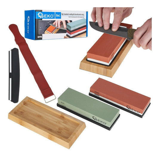 Set pietre pentru ascutit cutite cu suport, 8 bucati, Geko G81198