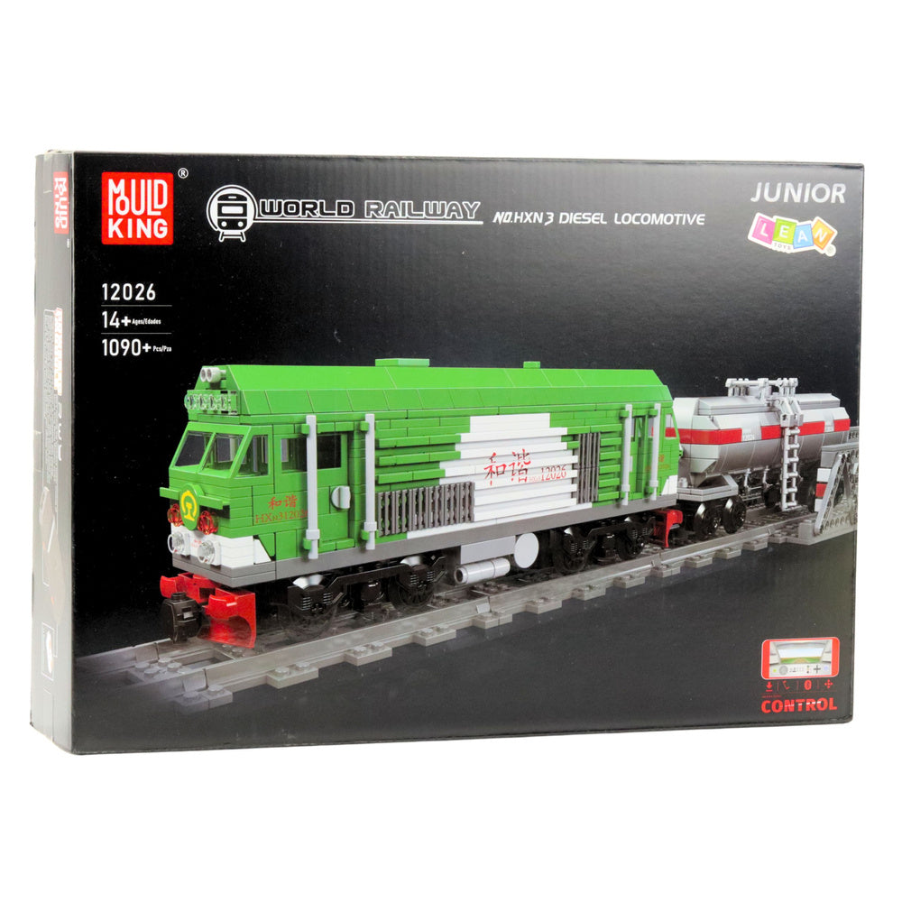 Set blocuri de constructie tren cu cisterna, telecomanda, verde, 51,3x10,1x7,2cm, 1090 piese, Lean 23652
