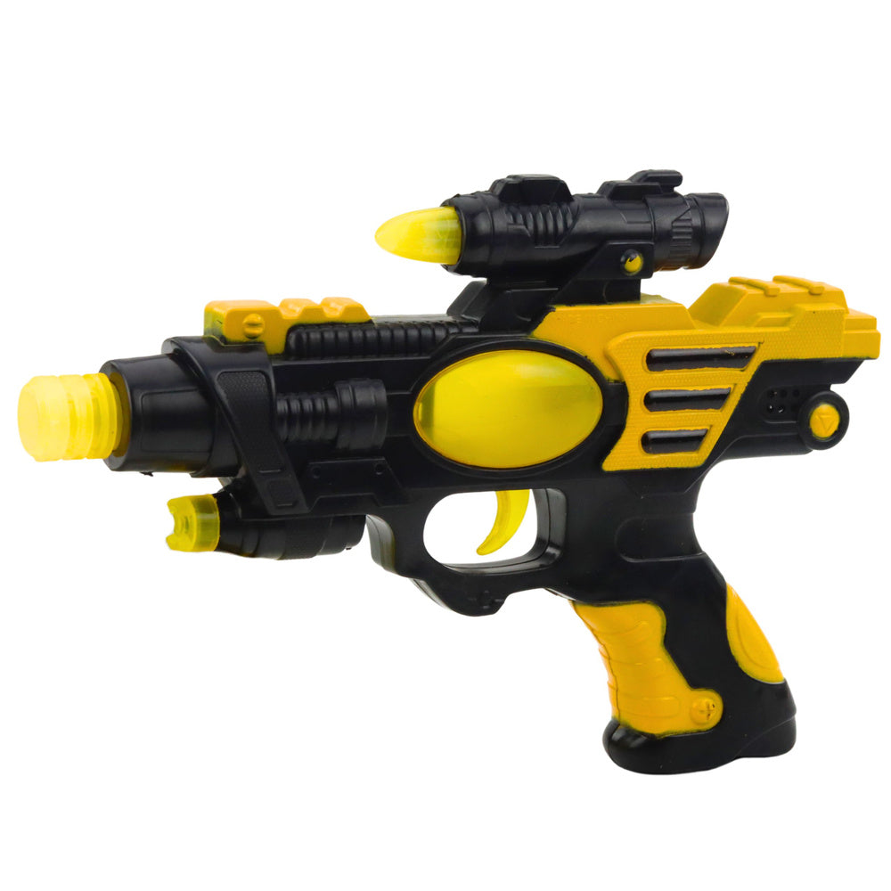 Pistol de jucarie futurist cu efecte luminoase si sonore, 25 x 17 x 4.5 cm, galben / negru, Lean 23214