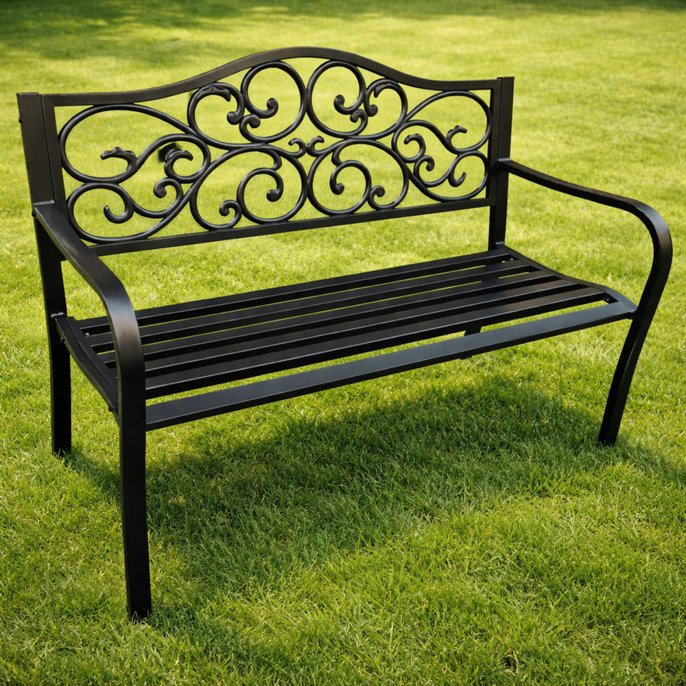 Banca pentru terasa cu spatar metalic decorat, 127 x 60 x 89 cm, Lean 29323