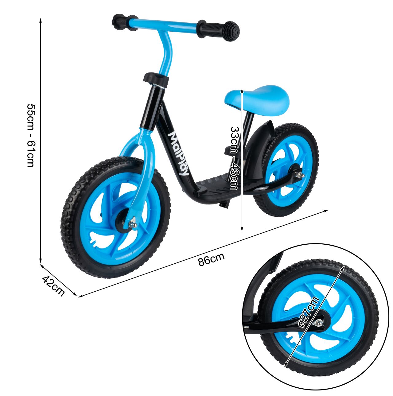 Bicicleta pentru copii fara pedale, roti EVA, 12", negru / albastru, MalPlay 111340