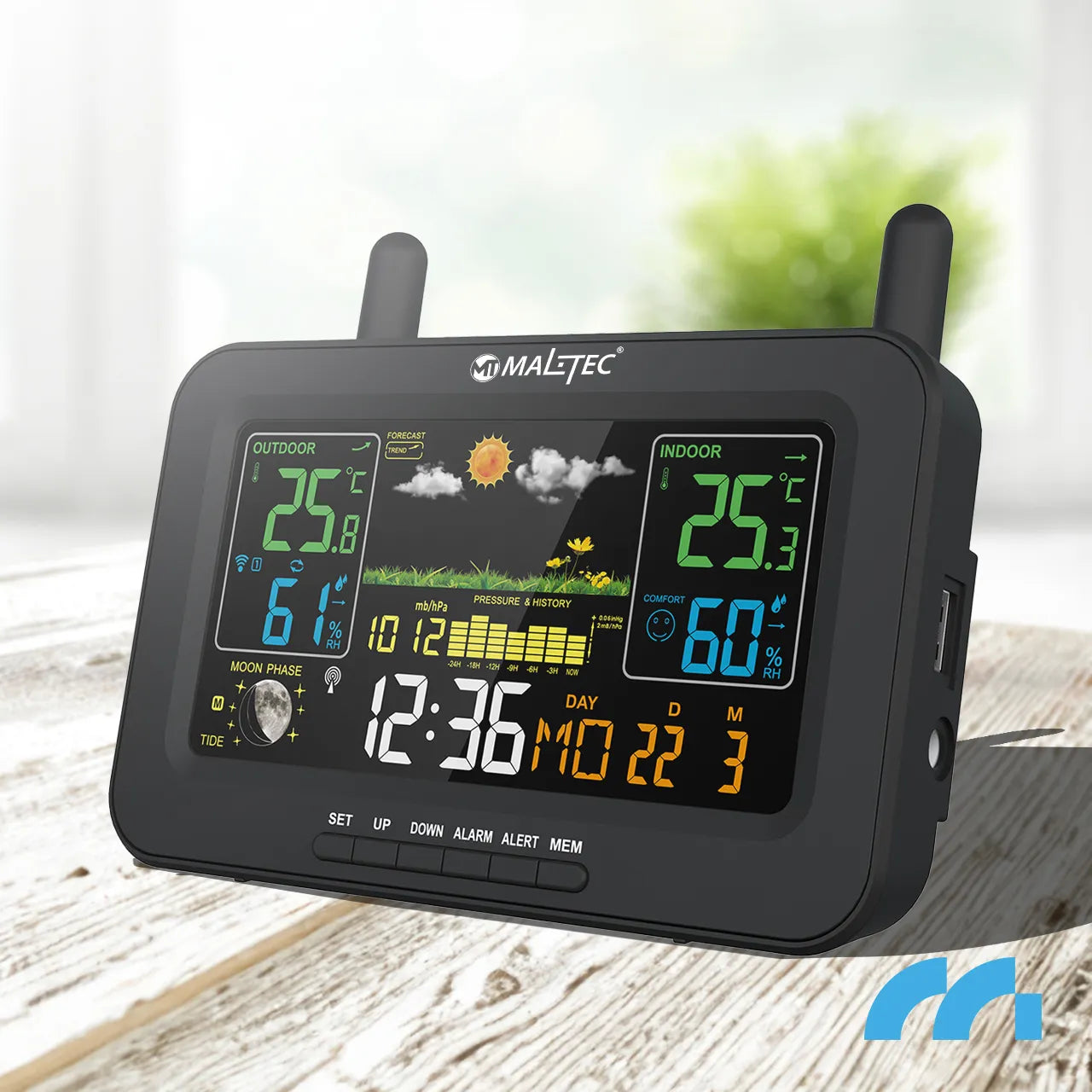 Statie meteo wireless, termometru, barometru, alarma, masurare temperatura, umiditate, negru, MalTec 111979