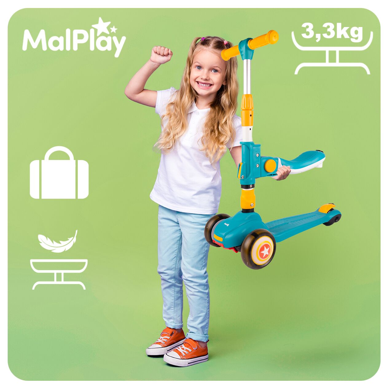 Trotineta pliabila cu 3 roti 3 in 1, albastru, MalPlay 112335